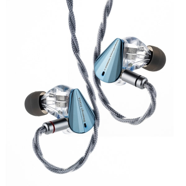 Two Blessing3 AQUA earphones with translucent blue housings and braided cables on a white background.