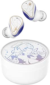 White and blue wireless in-ear earphones shown above a round white charging case featuring Robin character artwork.