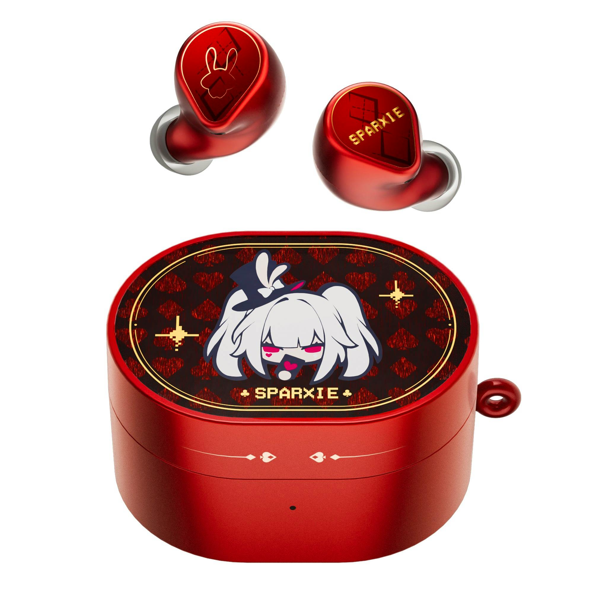 Red true wireless earphones and matching red charging case showing decorative character artwork and the word “SPARXIE”.