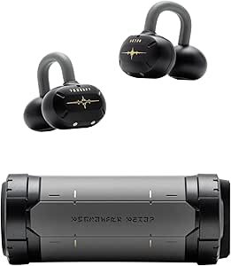 Black open-ear wireless earphones with ear hooks shown above a matching rectangular charging case.