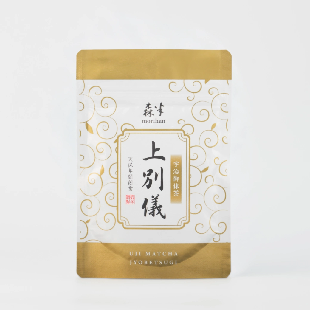 A white-and-gold pouch of Morihan Uji matcha (20g bag) with Japanese label visible.