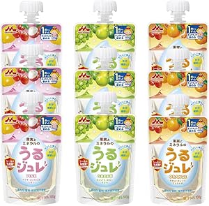 Nine Morinaga Fruit & Mineral Jelly baby-food pouches (3.5 oz/100 g) shown as three types with three bags each, arranged in three vertical columns.