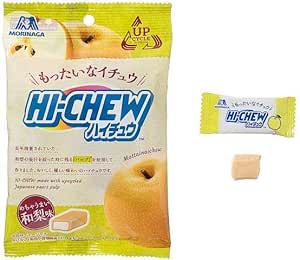 A package of Morinaga Hi-Chew Japanese pear flavor candies shown alongside one wrapped piece and one unwrapped candy.