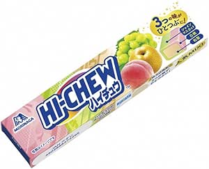 Packaged Morinaga Hi-Chew Popular Mix candy box showing the Hi-Chew logo and fruit illustrations.