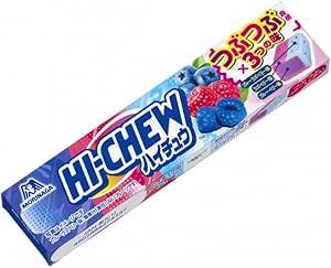 A rectangular Morinaga Hi-Chew Tsubutsubu Berry Mix candy package showing the Hi-Chew logo and berry images on the wrapper.