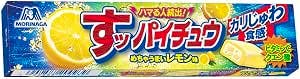 Packaged Morinaga Supai Chu lemon-flavored sugar candy tube showing lemon illustration and Japanese branding.