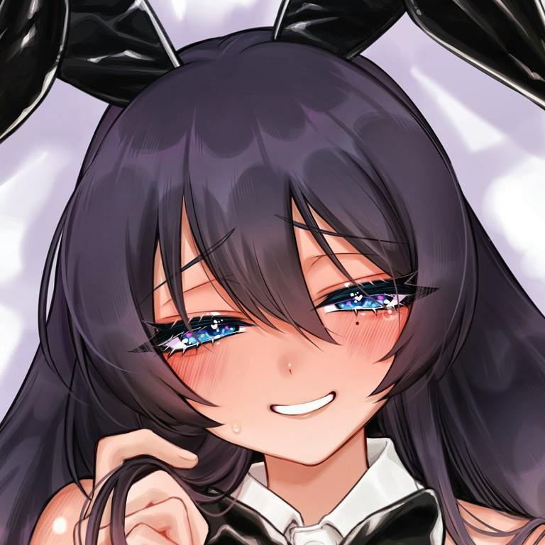 Close-up photo of the pillow cover showing a blushing anime girl with dark hair, blue eyes, and bunny ears.