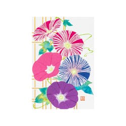 Postcard front showing a morning-glory floral design with pink, purple, and blue flowers on a white background.