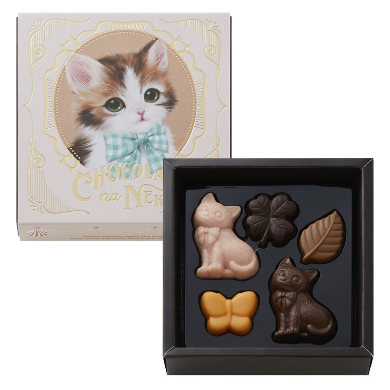 Open box showing five cat-themed chocolates beside the product box with a kitten illustration.