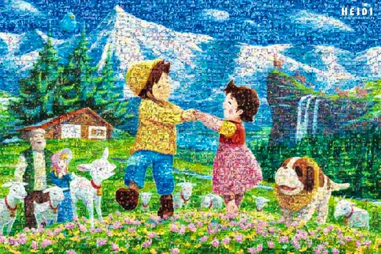 Mosaic-art jigsaw puzzle image showing Heidi characters dancing on a mountain farm with sheep and a dog.