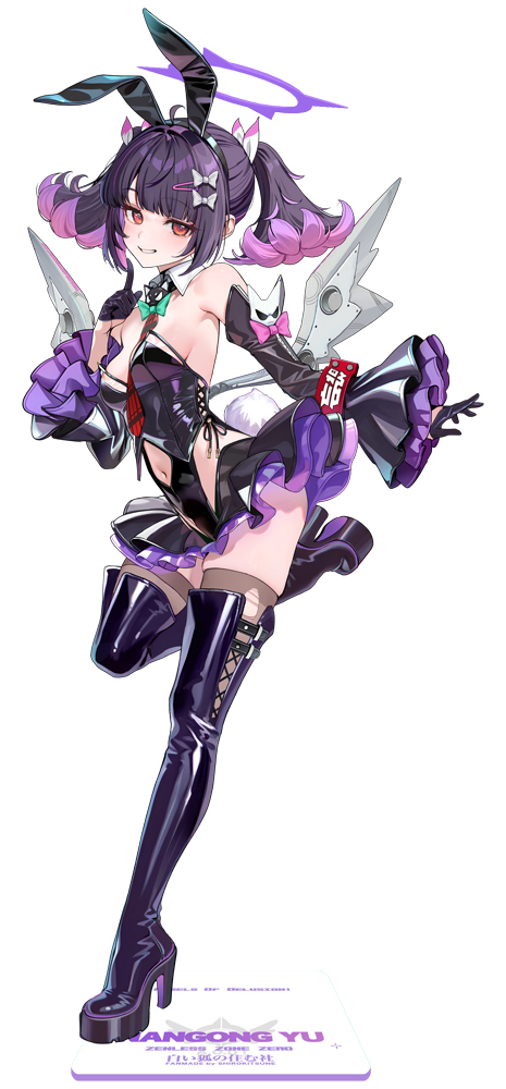 Full-body image of the acrylic decorative stand showing the character 南宮羽 (bunny-girl version) on a display base.