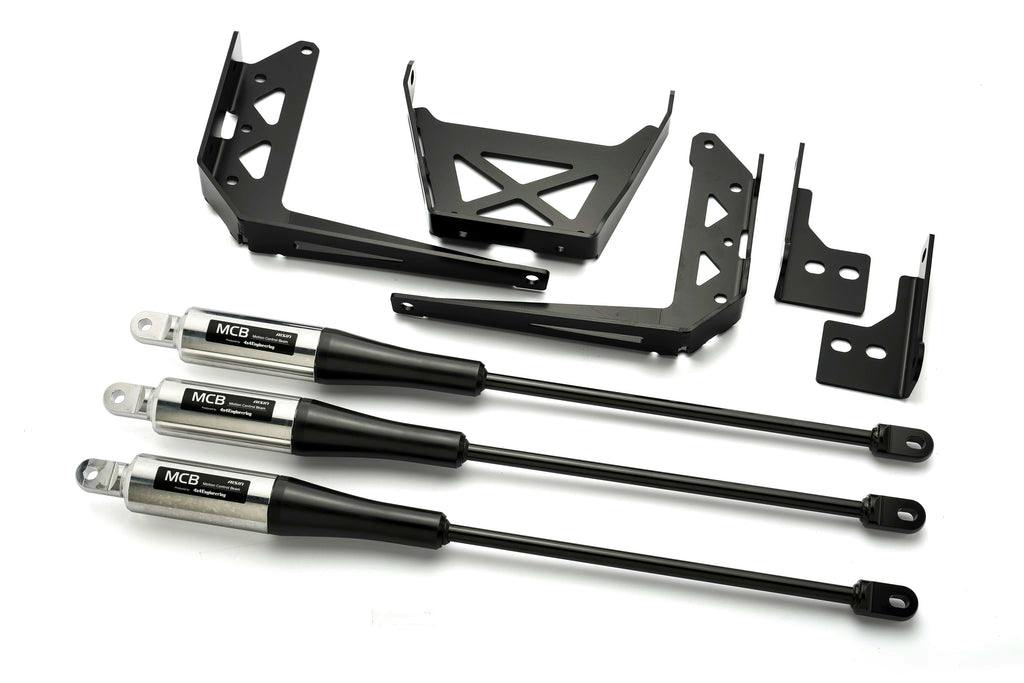 Three MCB motion control beams with black mounting brackets for Land Cruiser 250 displayed on a white background.
