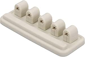 Almond-colored plastic cable clip with five rounded cable holders mounted on a rectangular base.