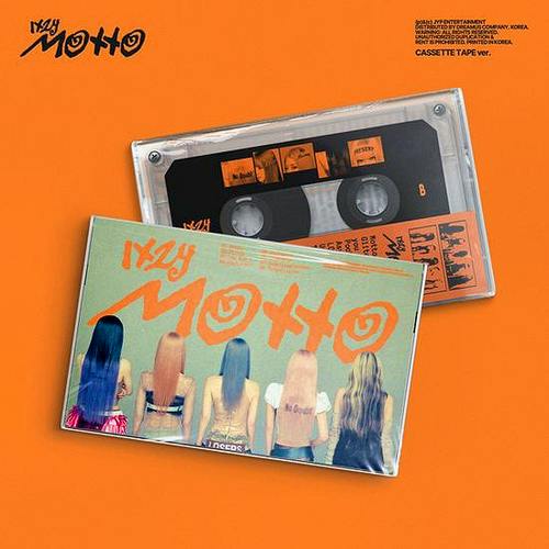 Clear cassette tape and its illustrated cover for "Motto" displayed on an orange background.