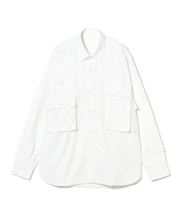 Front view of a white men's button-up shirt laid flat with flap pockets.
