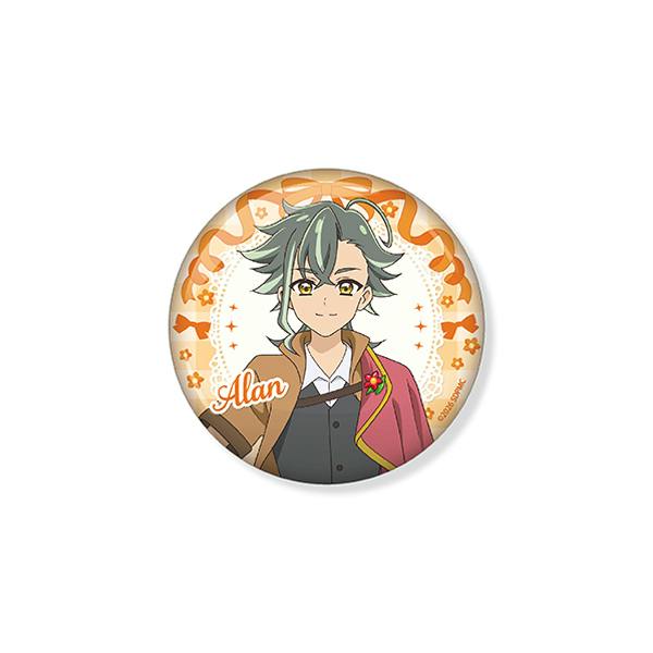 Round can badge featuring illustrated character Alan from the movie "映画名探偵プリキュア！" with an orange decorative border.