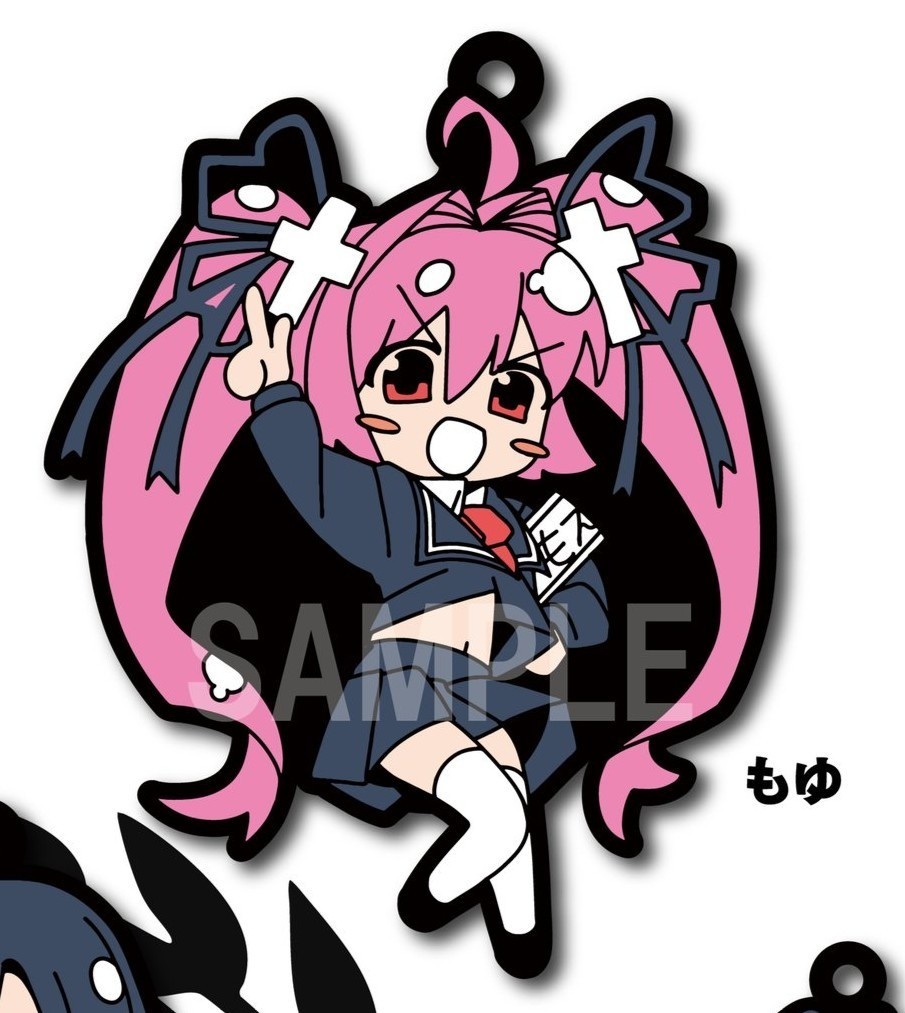 Rubber strap keychain showing a chibi pink-haired character in a school uniform making a peace sign.