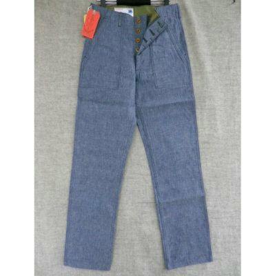 Flat-lay photo of the indigo women's crew pants showing full length and button fly.