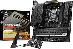 MSI B850MPOWER Micro-ATX motherboard shown with its retail box and an accessory card.