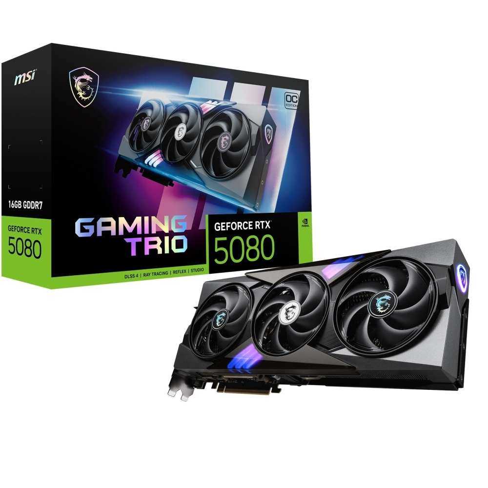MSI GeForce RTX 5080 Gaming Trio graphics card displayed alongside its retail box.
