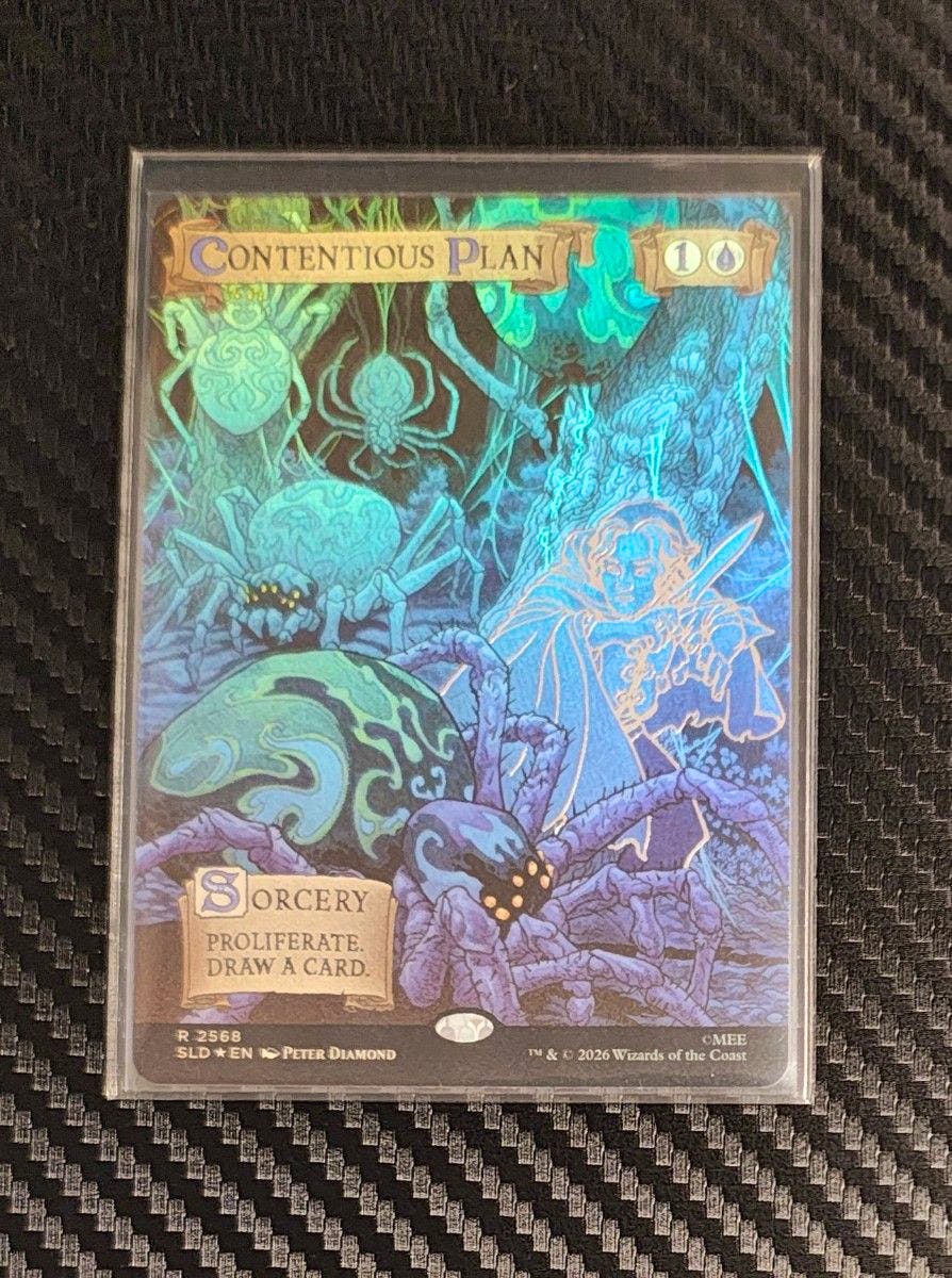 Front of MTG Secret Lair×ホビット "CONTENTIOUS PLAN" trading card with holographic spider artwork and sorcery text.