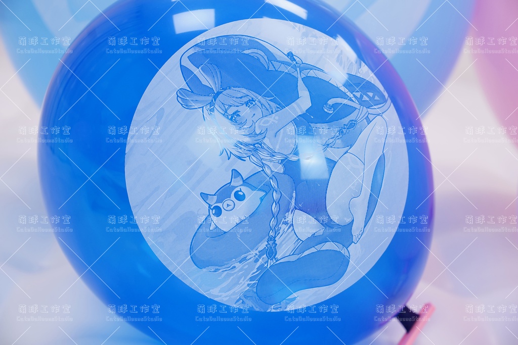 Blue balloon printed with a white-ink reversed illustration of Mualani riding a shark.