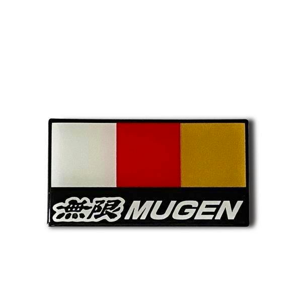 Rectangular MUGEN logo potting emblem with white, red, and gold panels above the MUGEN name and Japanese characters.