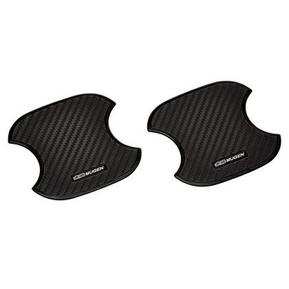 Two black carbon-fiber patterned MUGEN door handle protector pads shown on a white background.