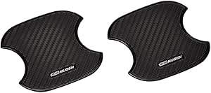 Two small car door handle protector pads with black carbon-fiber texture and MUGEN logo on a white background.