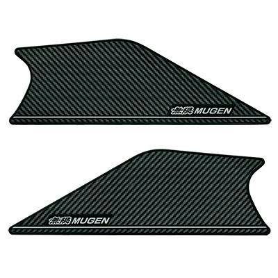 Two carbon-fiber-look Mugen inner door handle protector pieces with the MUGEN logo on a white background.