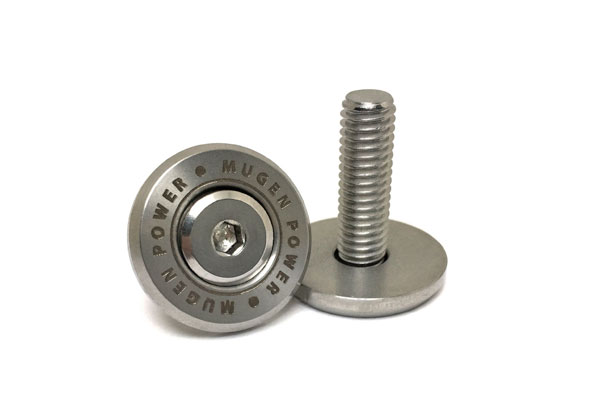 Two MUGEN license-plate bolts, one upright and one face-up showing the 'MUGEN POWER' engraving.