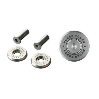 Two metal bolts, two washer rings, and one round MUGEN-branded cap on a white background.