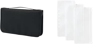 Black MUJI passport pouch (polyester) closed on a white background.