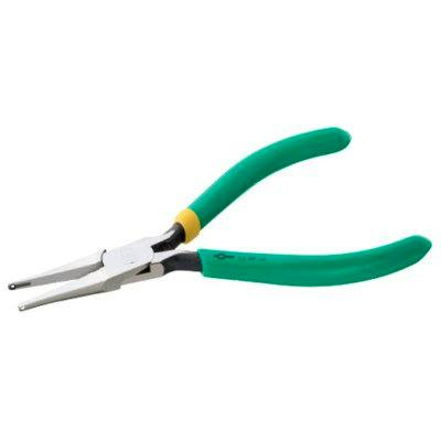 Green-handled pliers with long narrow tips for eyeglass repair on a white background.