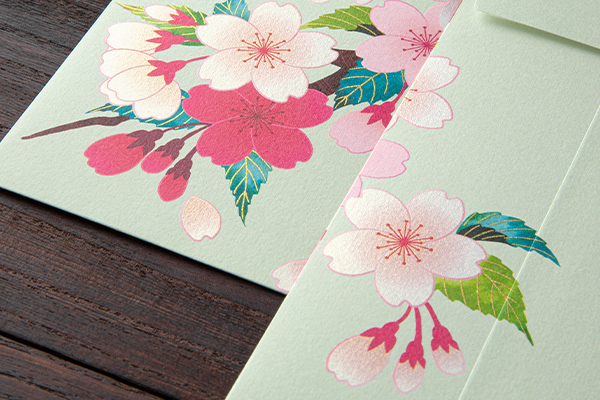 Close-up of two multipurpose envelopes with pink cherry-blossom prints on pale green paper.