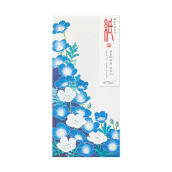 Front view of an envelope showing a blue and white nemophila floral pattern with a vertical product label.