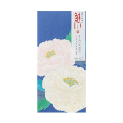A blue multipurpose envelope showing two large white peony flowers and a vertical label with Japanese text.