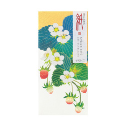 Front of a multipurpose envelope with a strawberry and white flower pattern on green leaves.