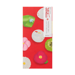 A red multipurpose envelope printed with winter wagashi (Japanese confection) illustrations.
