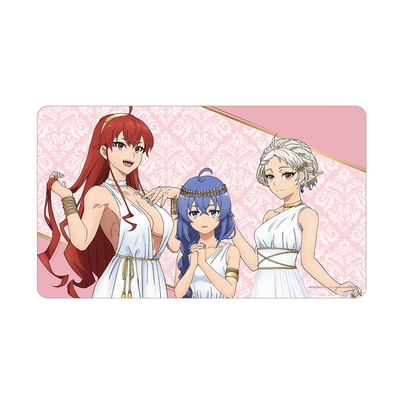 Polyester desk mat showing three anime female characters in white goddess-style outfits on a pink patterned background.