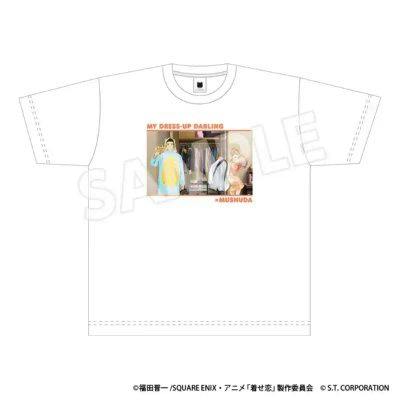 White big-silhouette cotton T-shirt mockup with a centered rectangular printed illustration of anime-style characters and a visible "SAMPLE" watermark.
