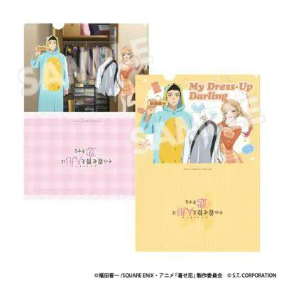 Front and back of a clear-file folder set featuring anime-style characters holding clothing in front of a wardrobe with pastel backgrounds.