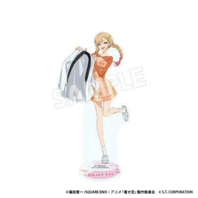 Full-length acrylic stand of the character 喜多川海夢 on a round base, with the character holding a jacket.