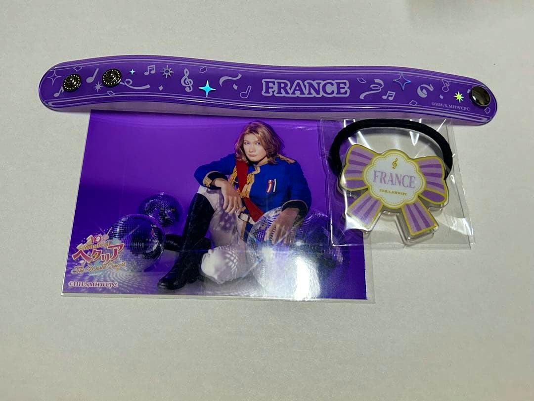 A set of France merchandise laid on a white background including a purple band labeled "FRANCE", a glossy photo of France, and a bow-shaped accessory.