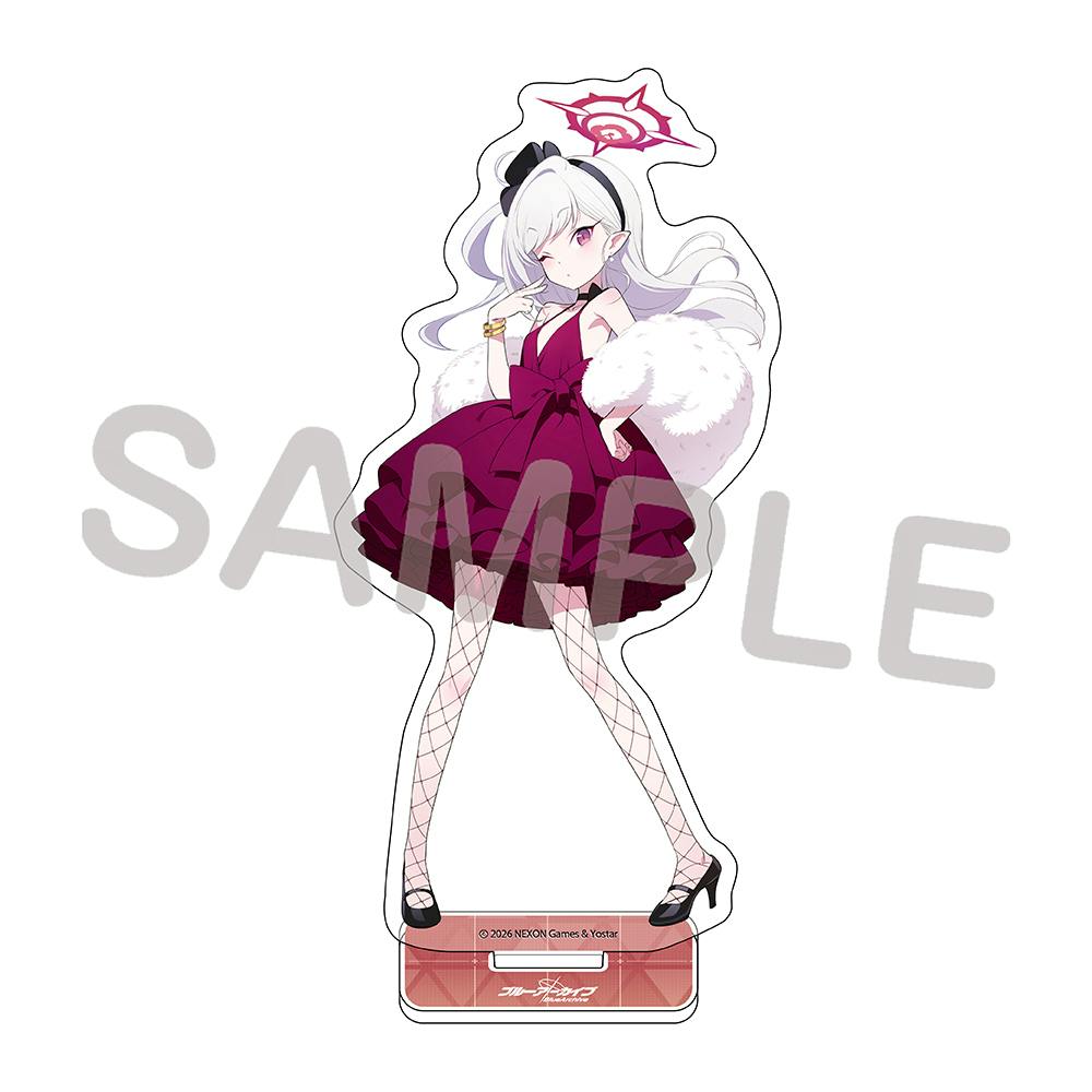 Front view of the acrylic stand showing the Mutsuki character in a dress on its rectangular base.