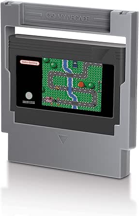 Gray MyArcade cartridge converter shown upright with a small game cartridge inserted, the cartridge displaying a colorful game screenshot.