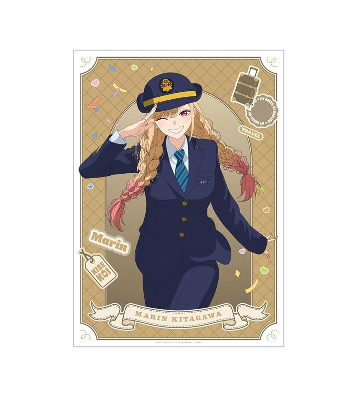 A poster image of Marin Kitagawa in a station employee uniform saluting.