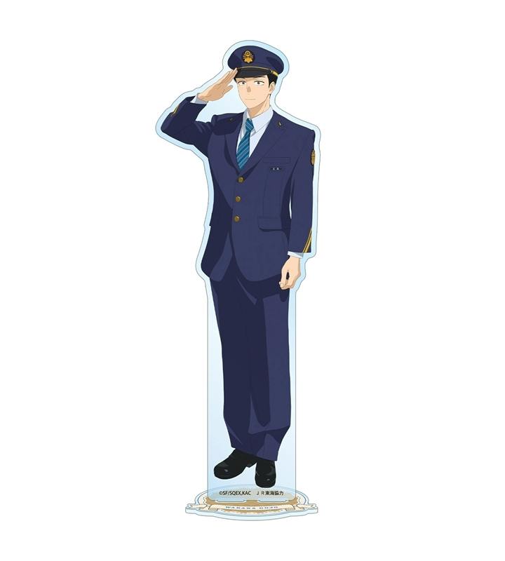 BIG acrylic stand of 五条 新菜 wearing a station employee uniform and saluting.