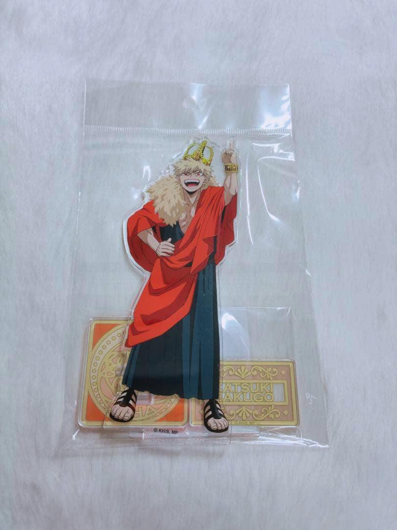 Front view of the Bakugo Katsuki acrylic decorative stand in its sealed plastic packaging on a white background.