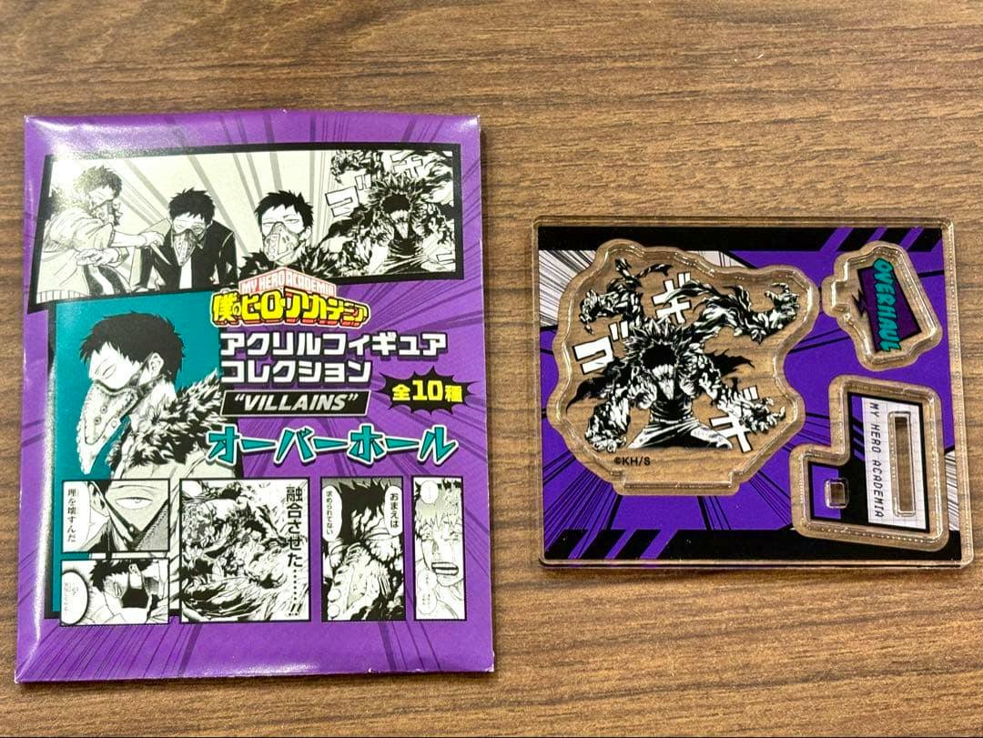 An Overhaul acrylic figure stand and its purple cardboard packaging displayed on a wooden surface.